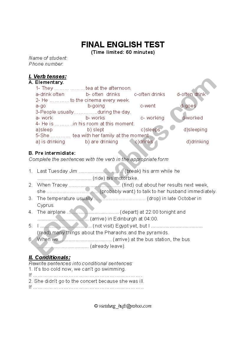 English test worksheet