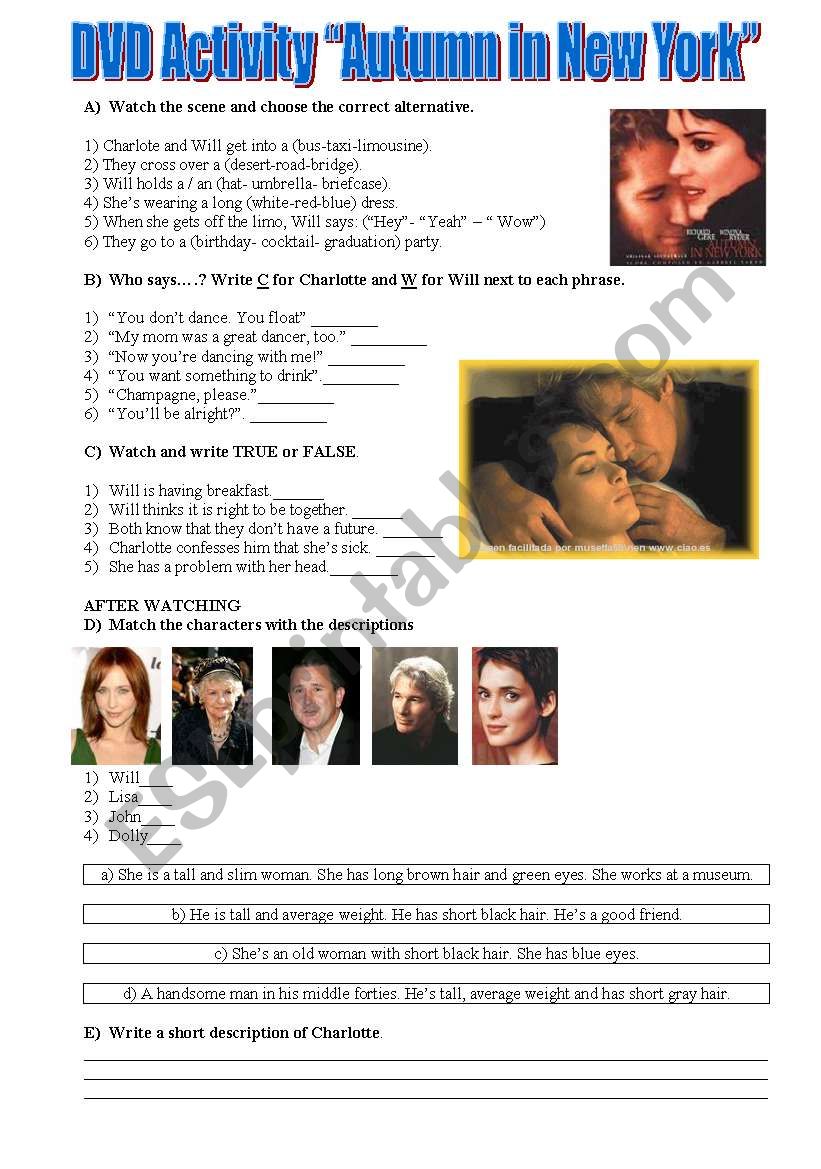 MOVIE AUTUMN IN NEW YORK worksheet