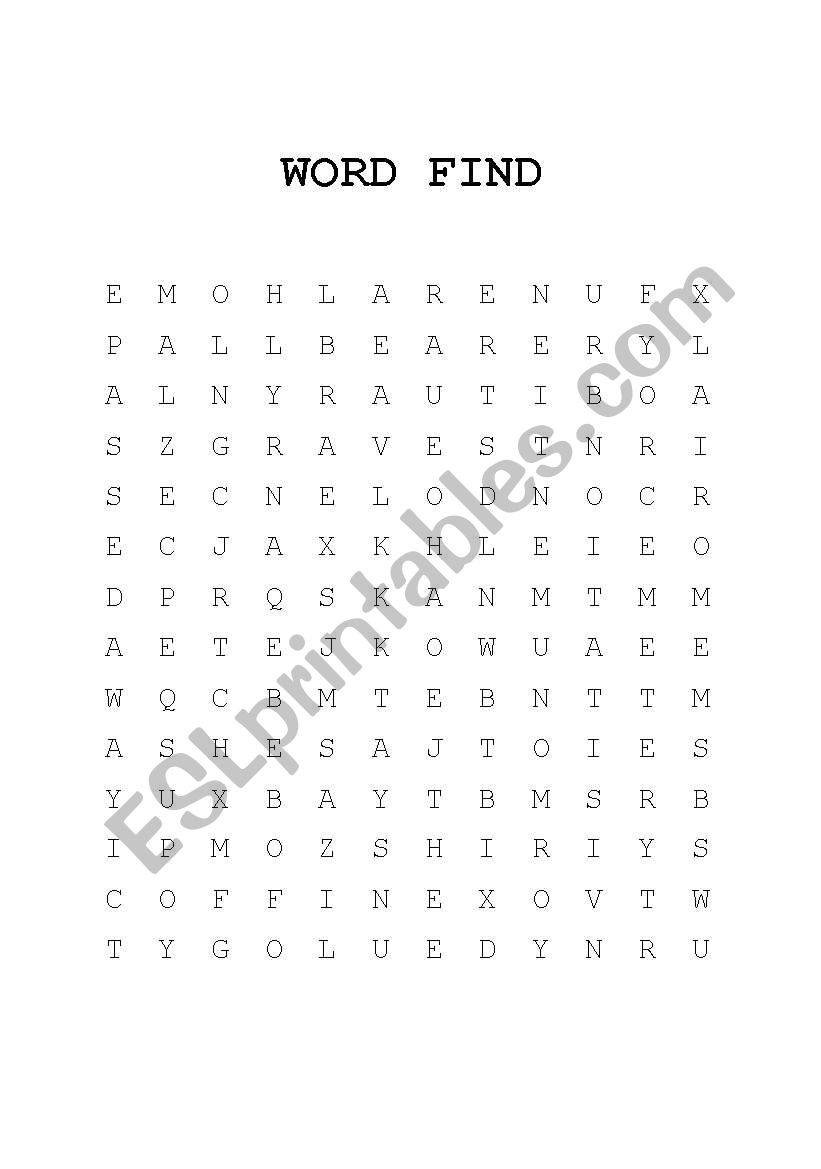 Funeral word find worksheet