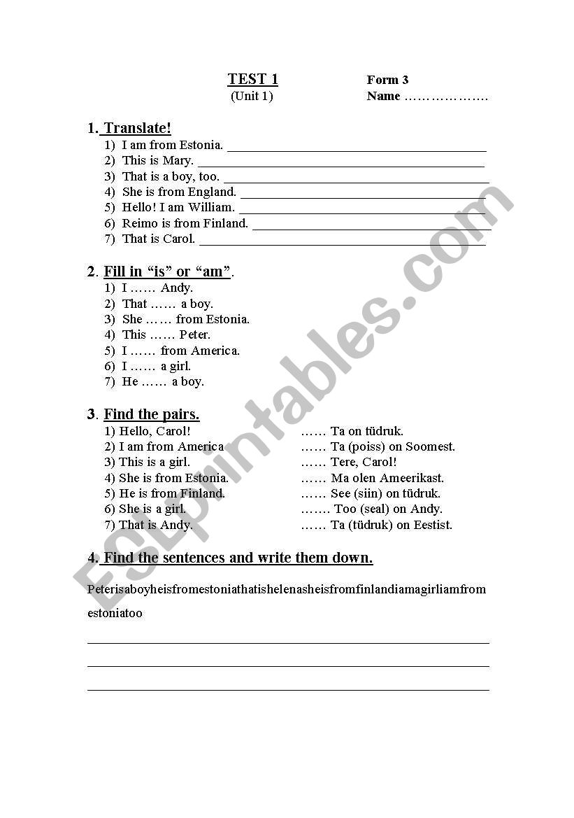 TEST UNIT 1 I LOVE ENGLISH  worksheet