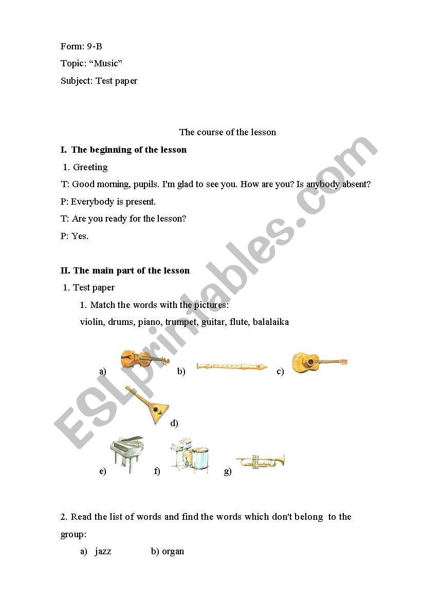 Topic: Music worksheet