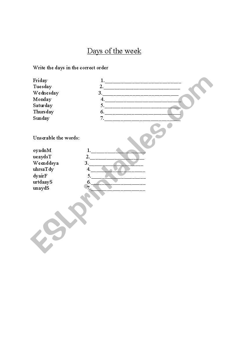 Days of the week worksheet