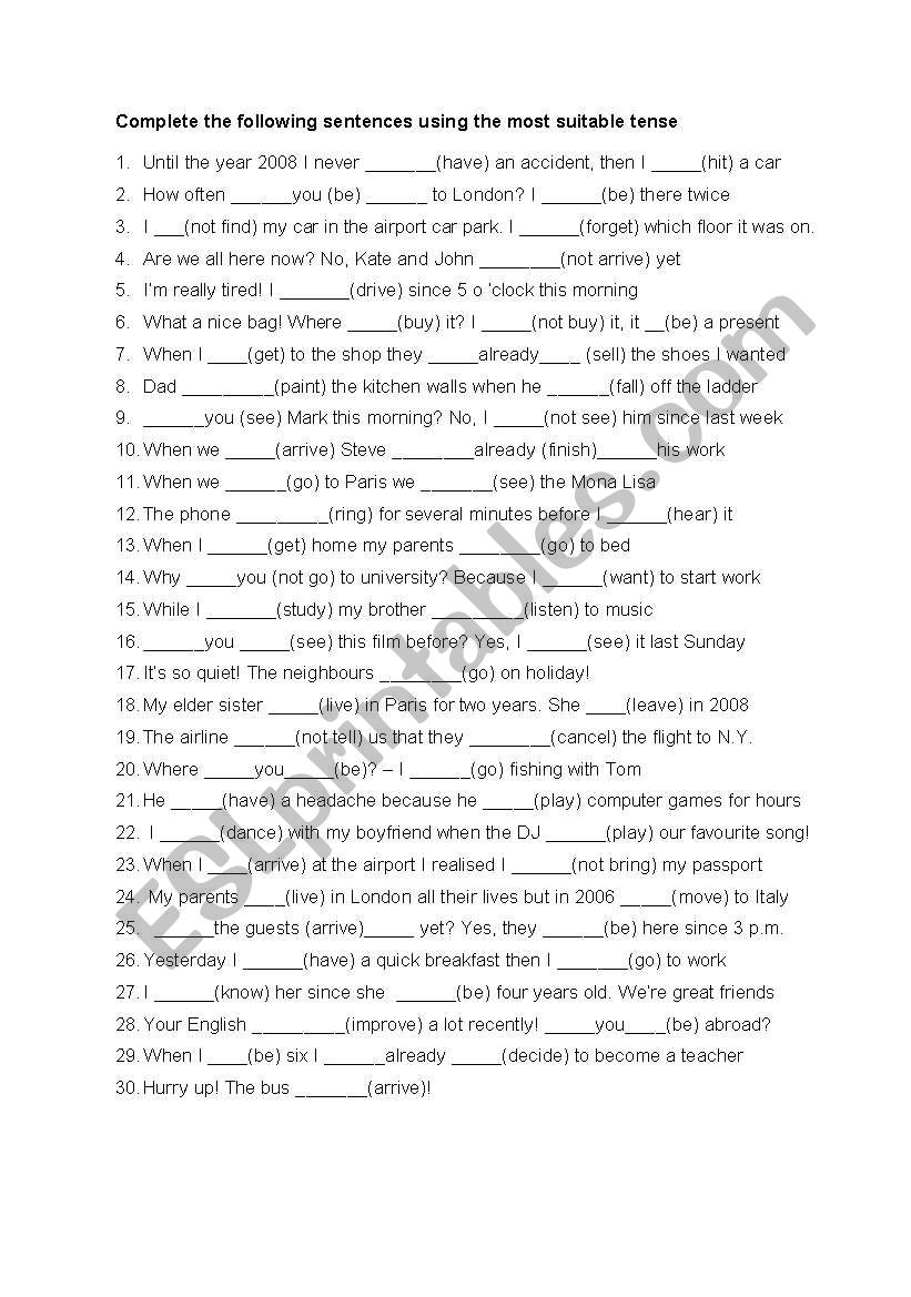 tenses revision worksheet