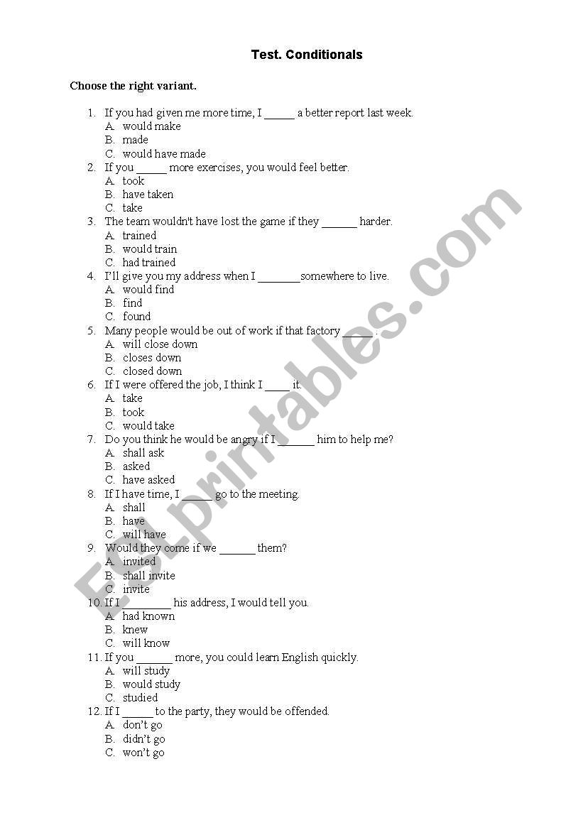 conditionals big test worksheet