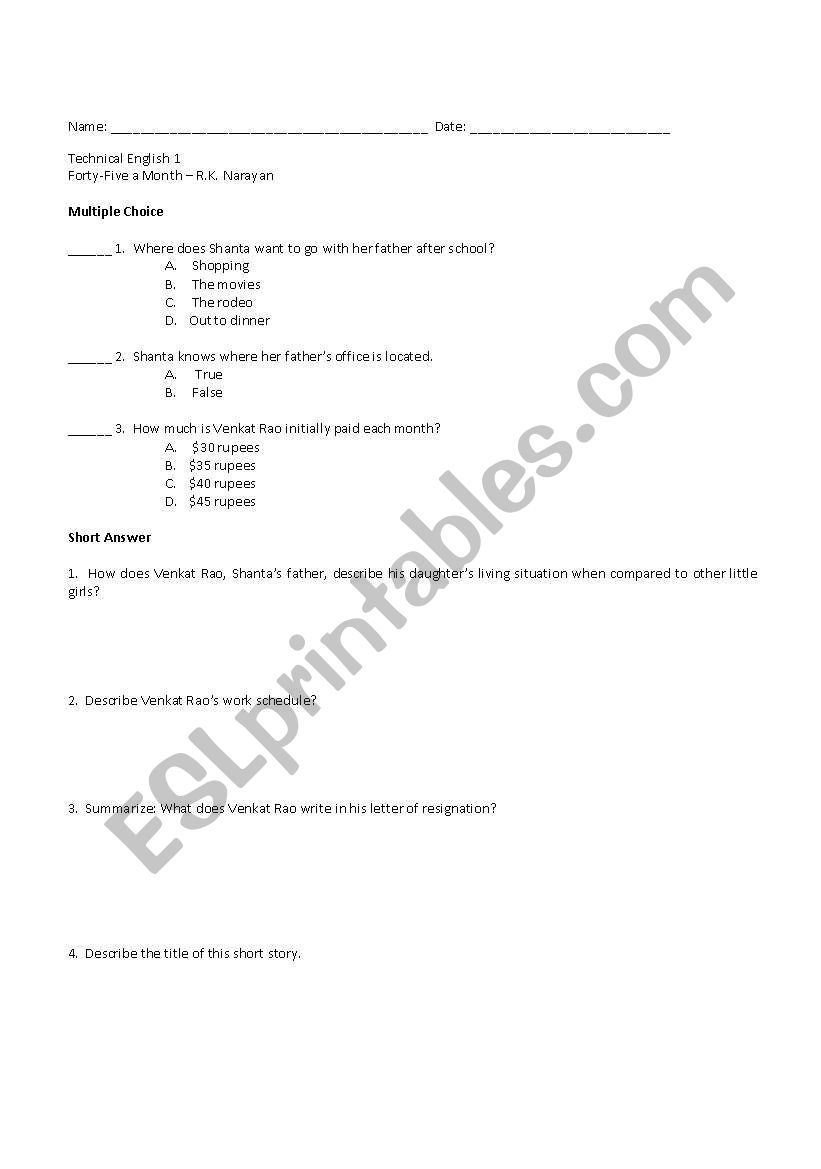 Forty-Five a Month - Short Story Questions