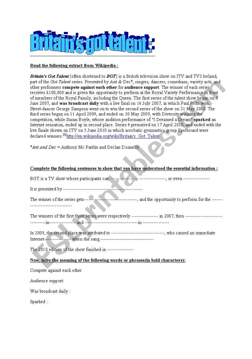 Britainīs got talent. worksheet Britainīs got talent. worksheet
