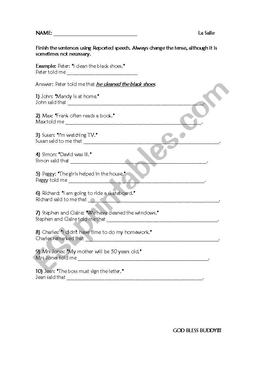 REport speech worksheet