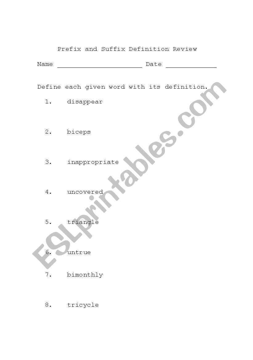Prefix and Suffix Review worksheet