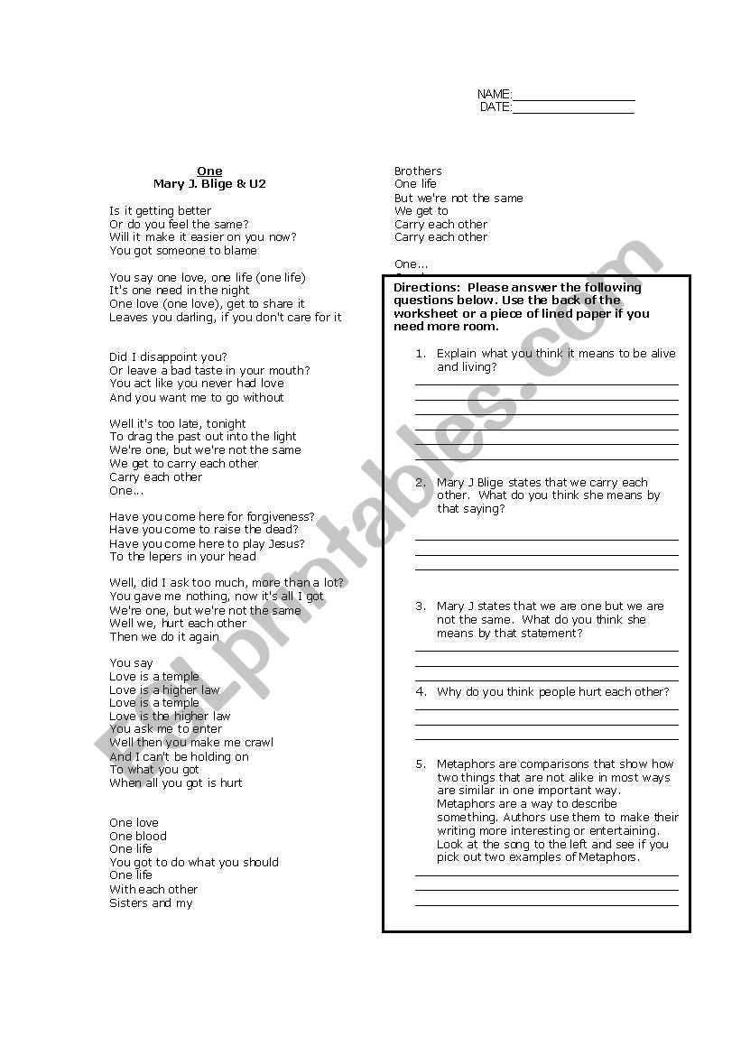 One by Mary J Blige & U2 worksheet