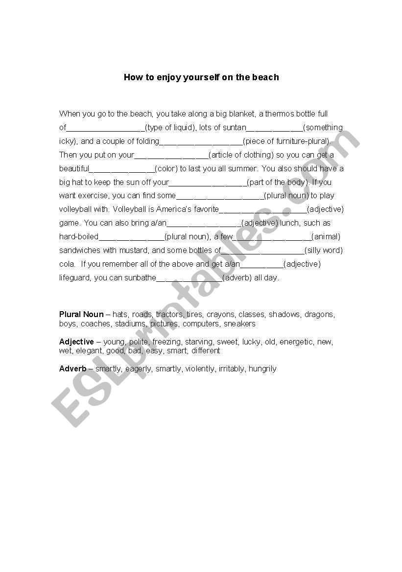 Parts of Speech - Mad Libs Activity - A Day at the Beach