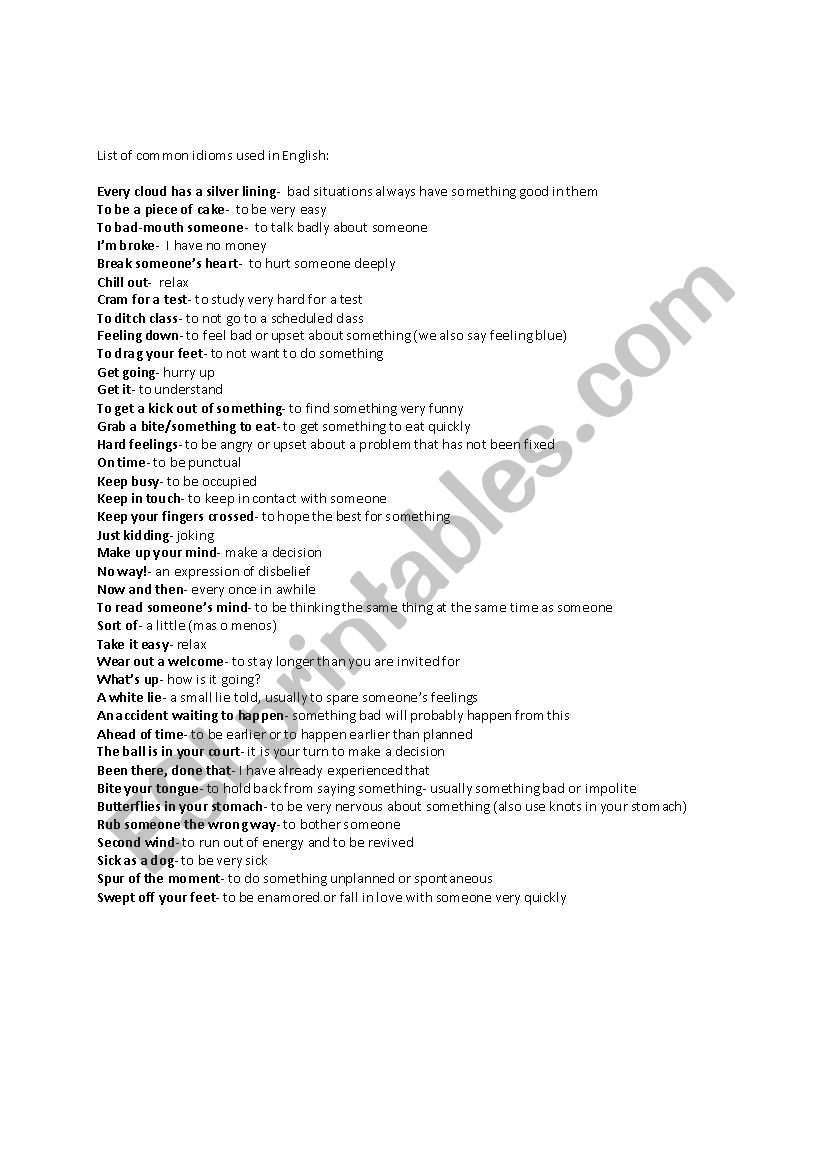 English Idioms- explained! worksheet