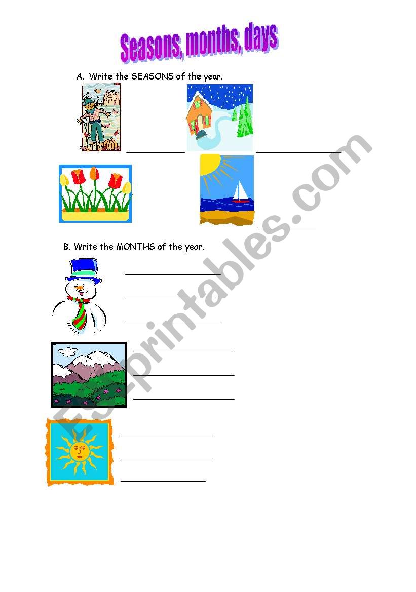 Seasons, months, days worksheet