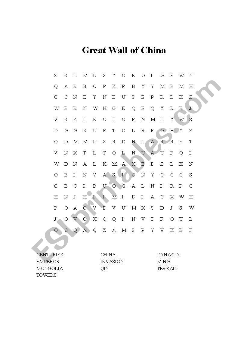 Great Wall Word Search worksheet