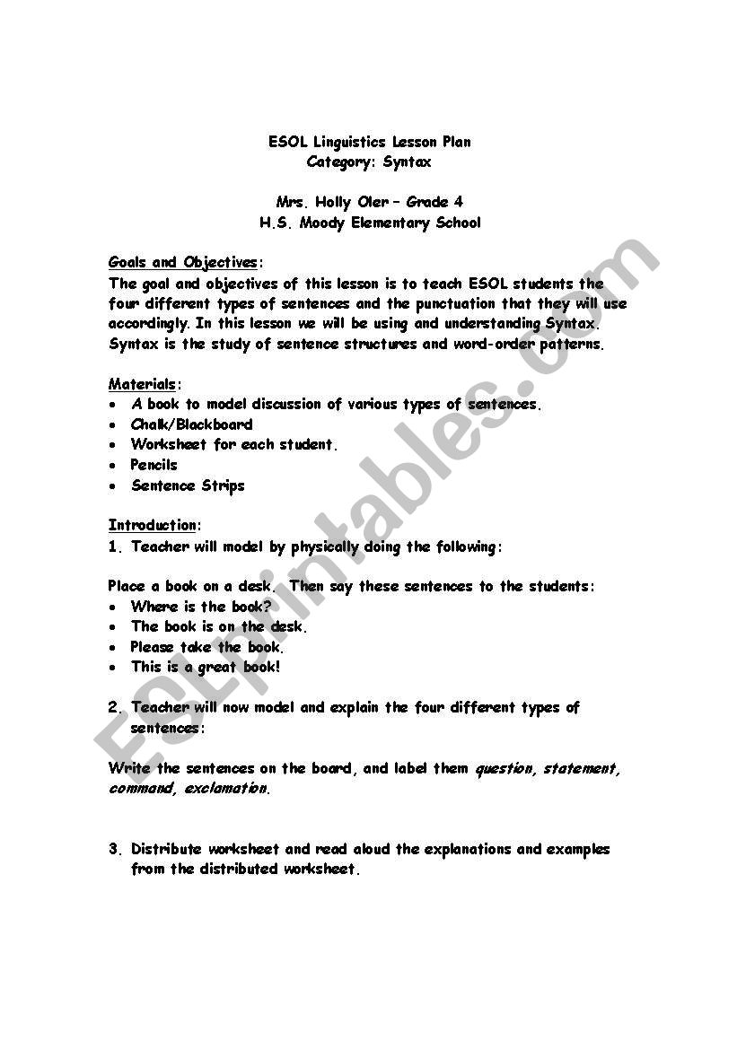 ESOL Linguistics Lesson Plan: Syntax