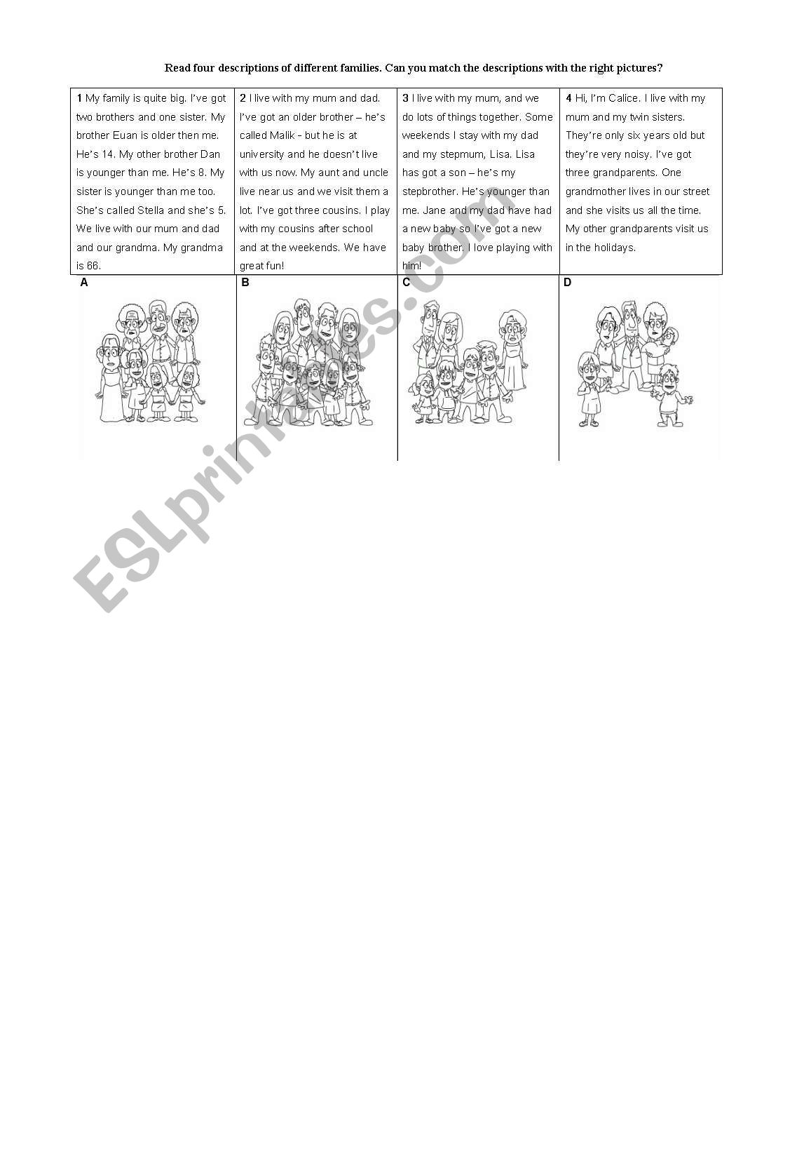 Family member matching game worksheet