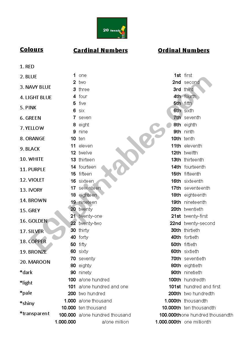 colours and numbers worksheet