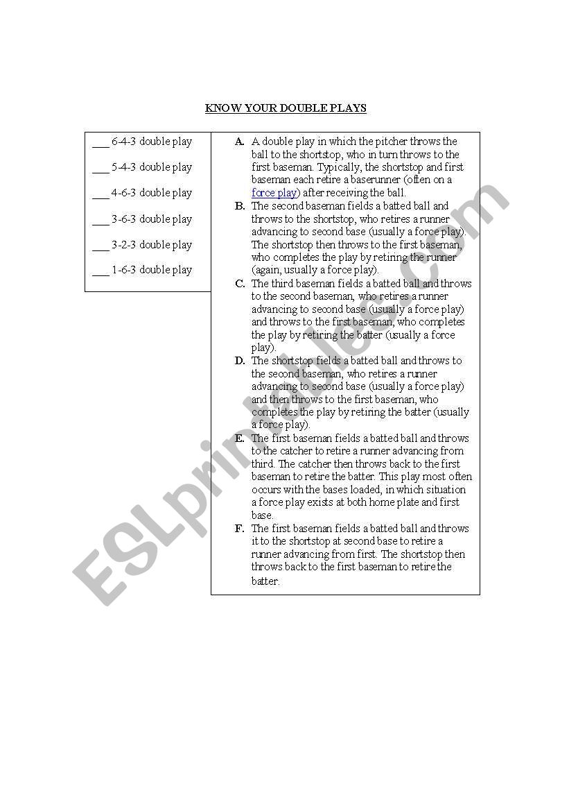 Know Your Double Plays worksheet