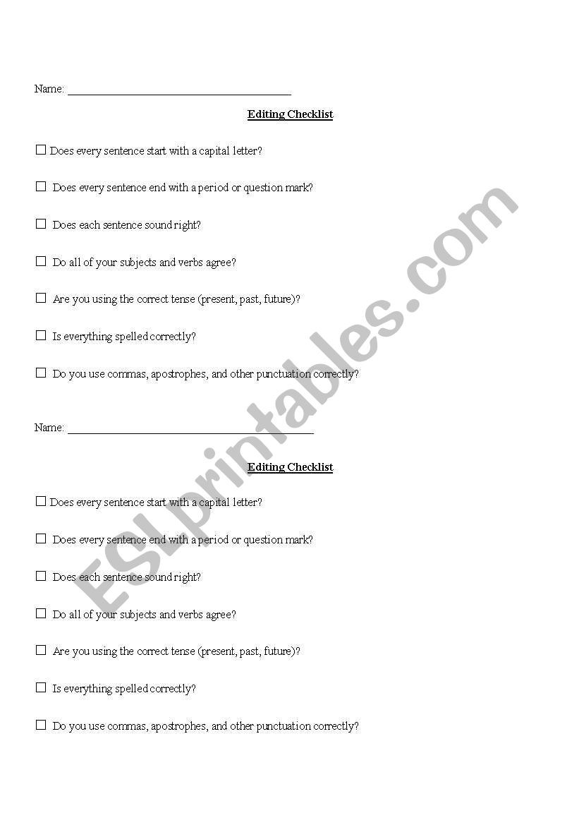 ESL Self-Editing Checklist worksheet