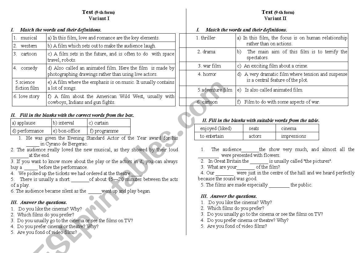 cinema and theatre_test worksheet