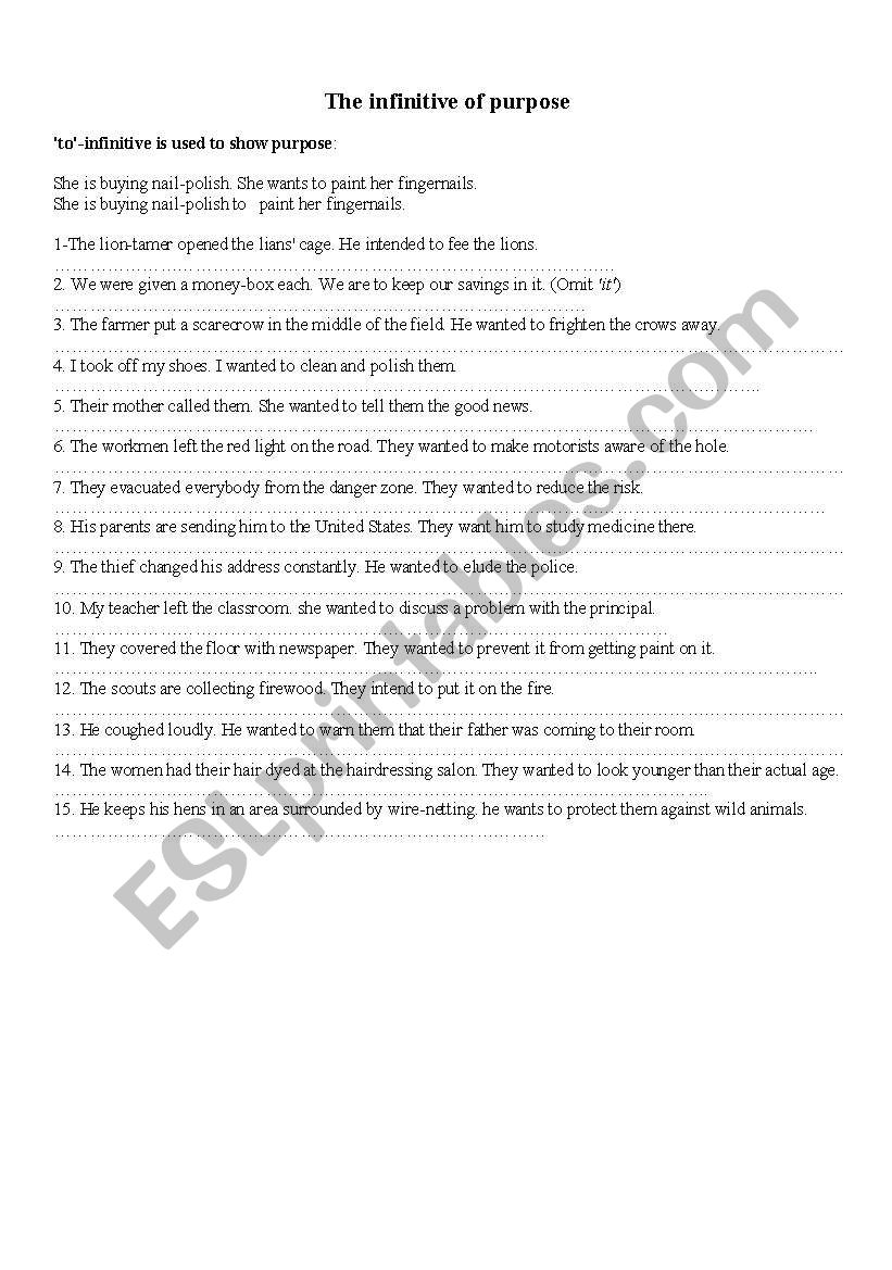 Infinitive of purpose worksheet