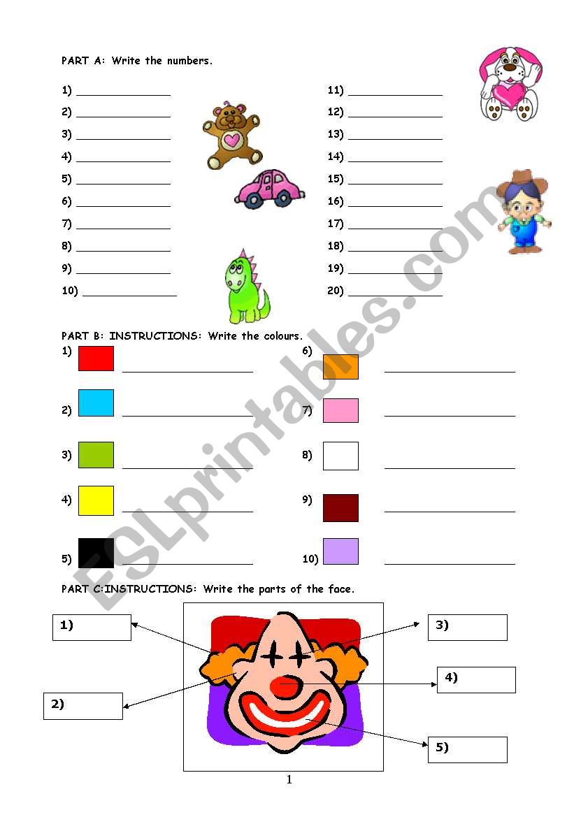 Numbers (1/20), colours and parts of the face worksheet. 