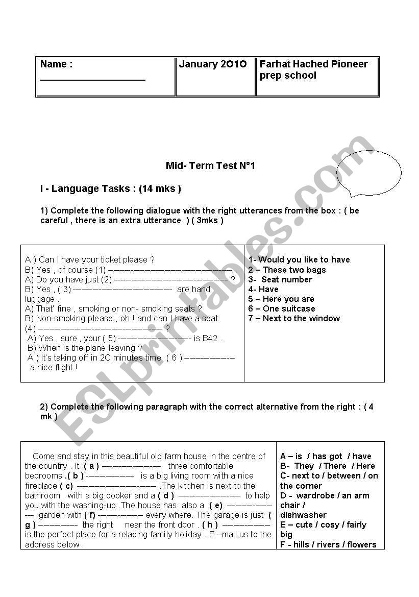 mid-term test 1 7th form worksheet