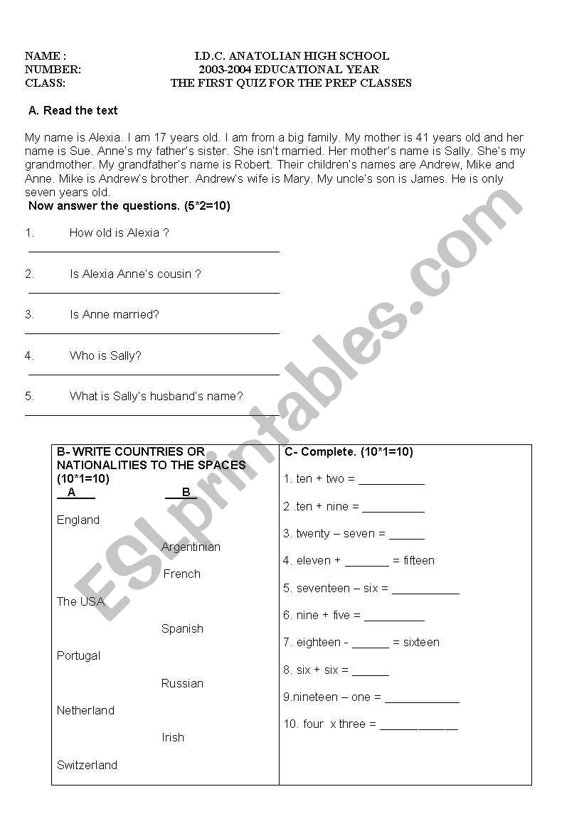 the first quiz for the preparotory classes