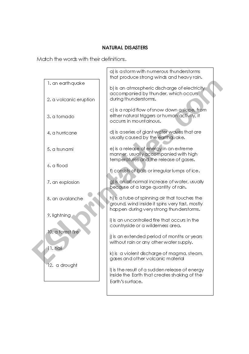 NATURAL DISASTERS matching exercise