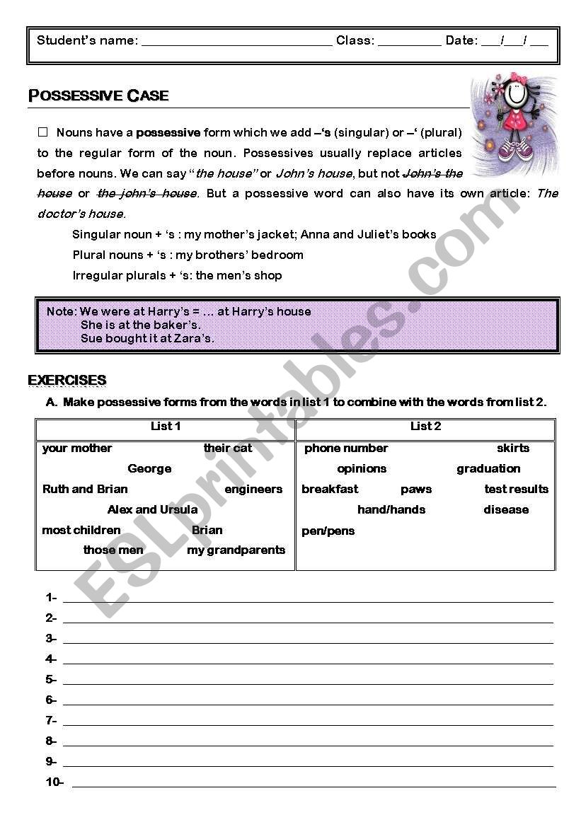 Possessive case worksheet