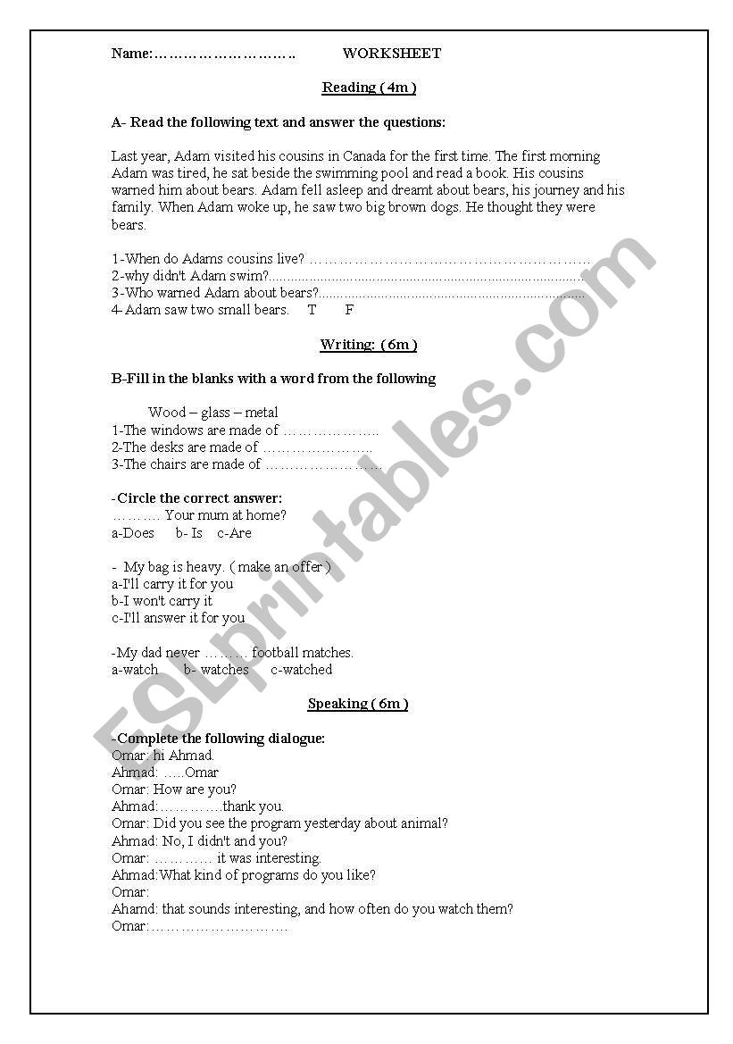 reading- writing worksheet worksheet