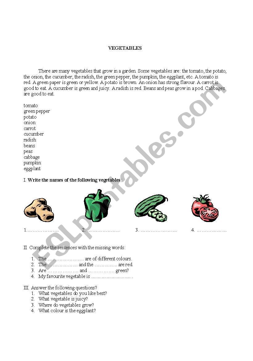 Vegetables worksheet