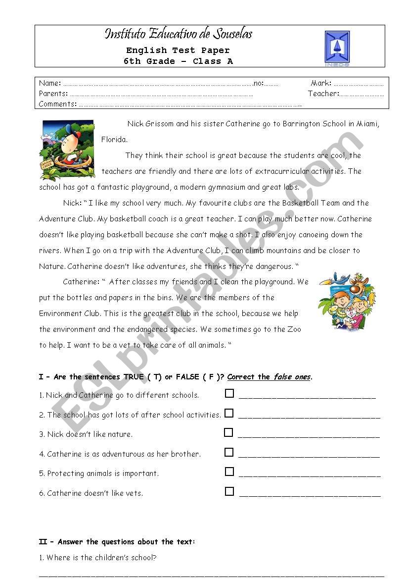 Clubs at school worksheet