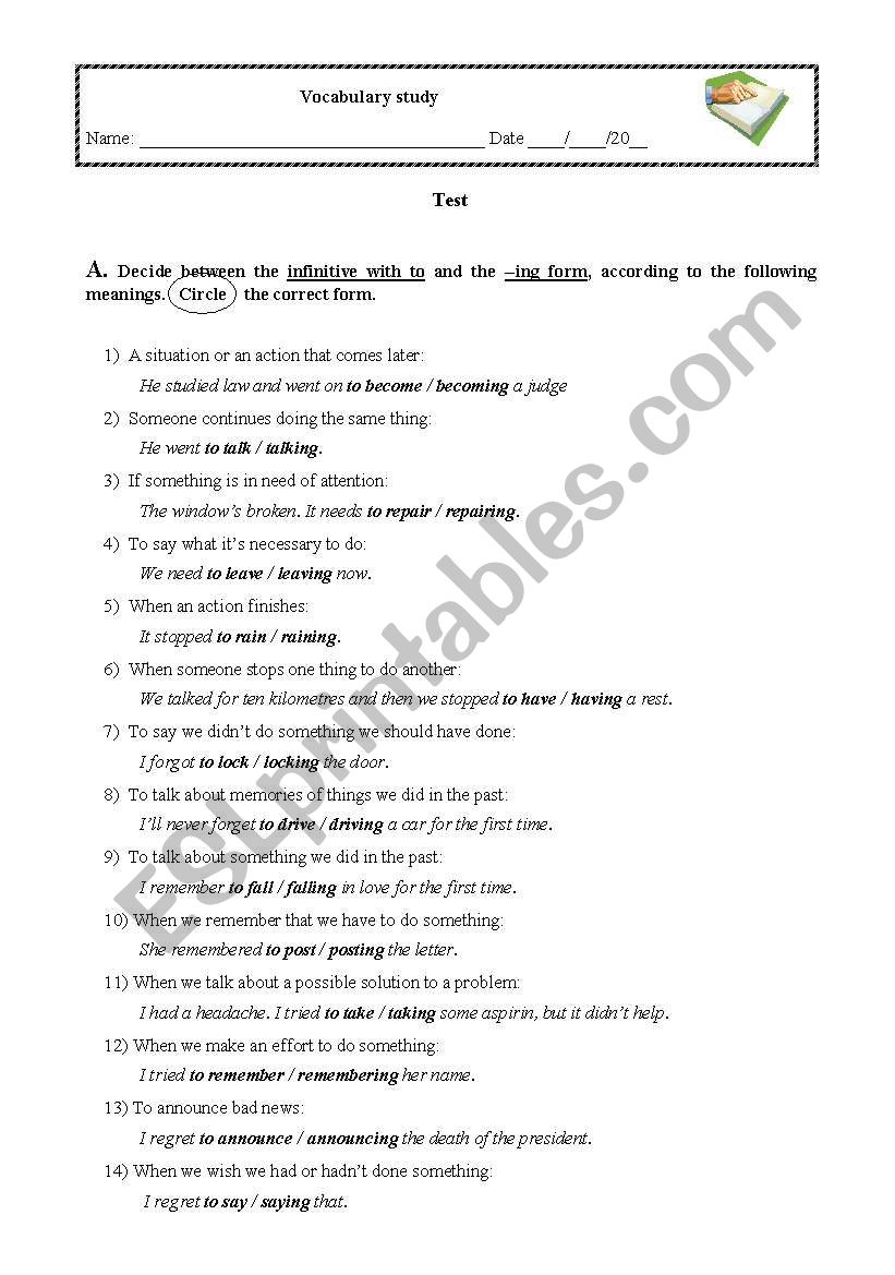 Infinitive or -ing form? worksheet