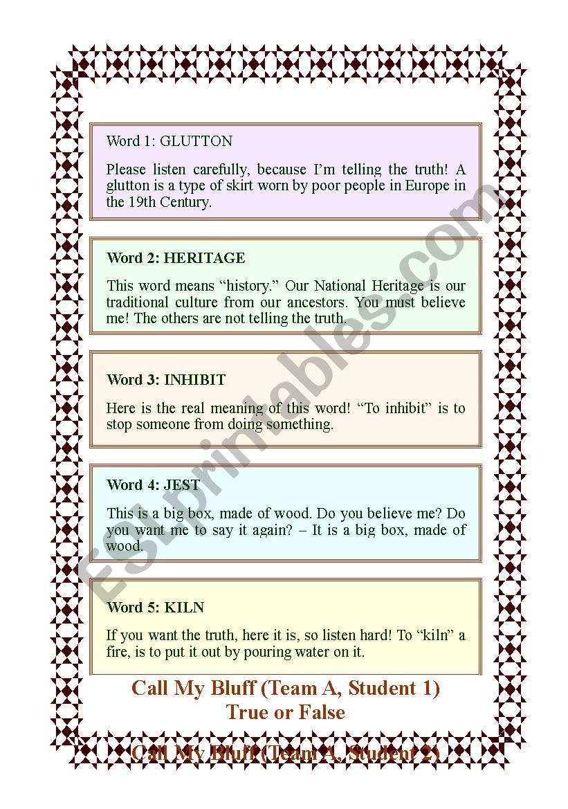 Call my bluff worksheet