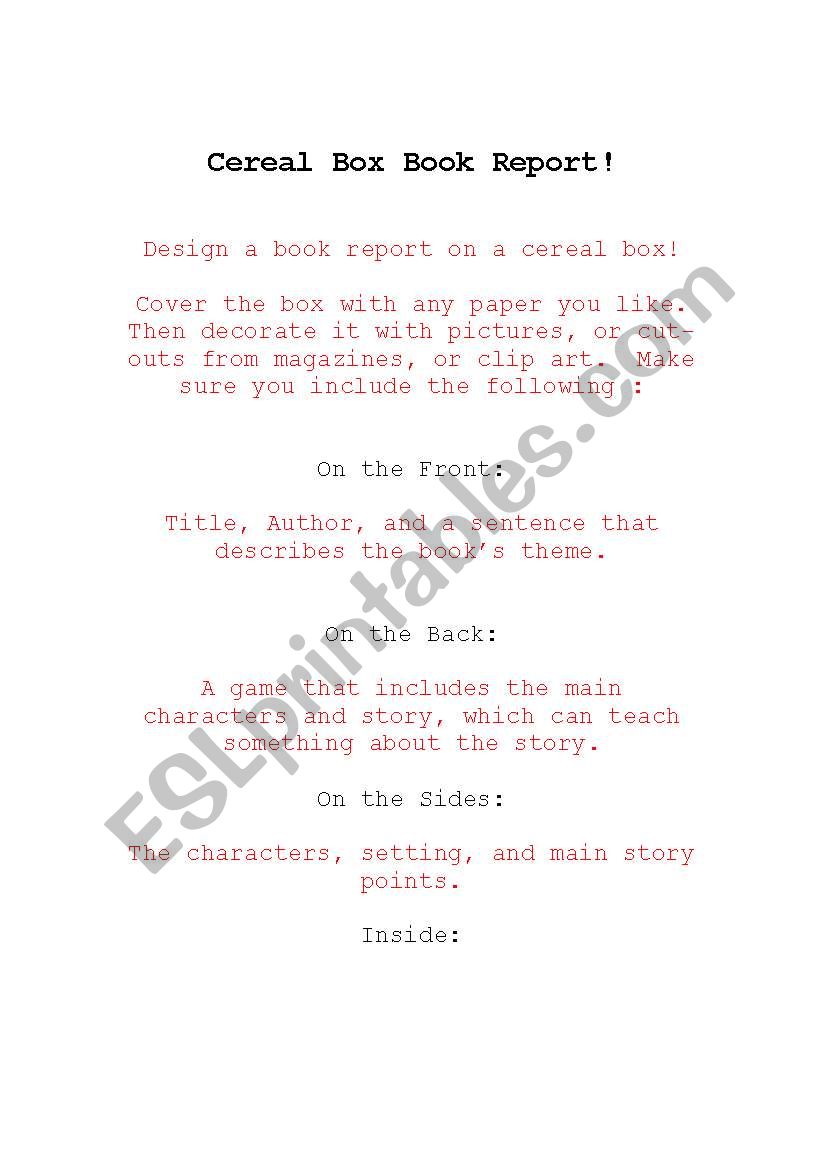 Cereal Box Book Report worksheet