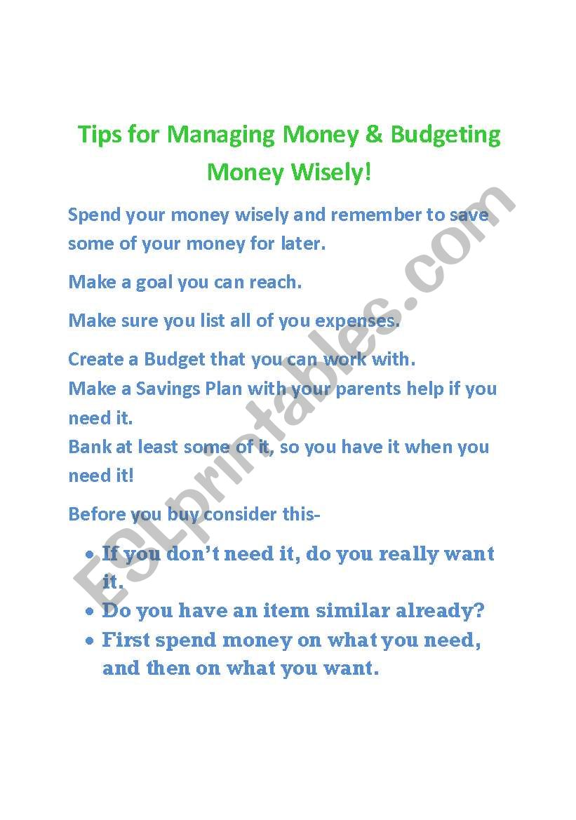 money management worksheet