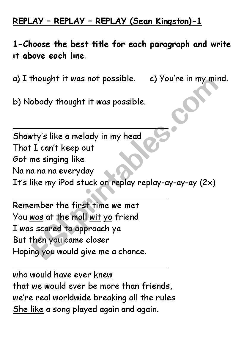 Replay (Sean Kingston / Iyaz) worksheet