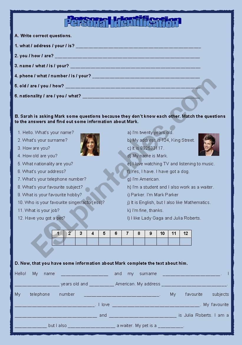 Personal Identification worksheet