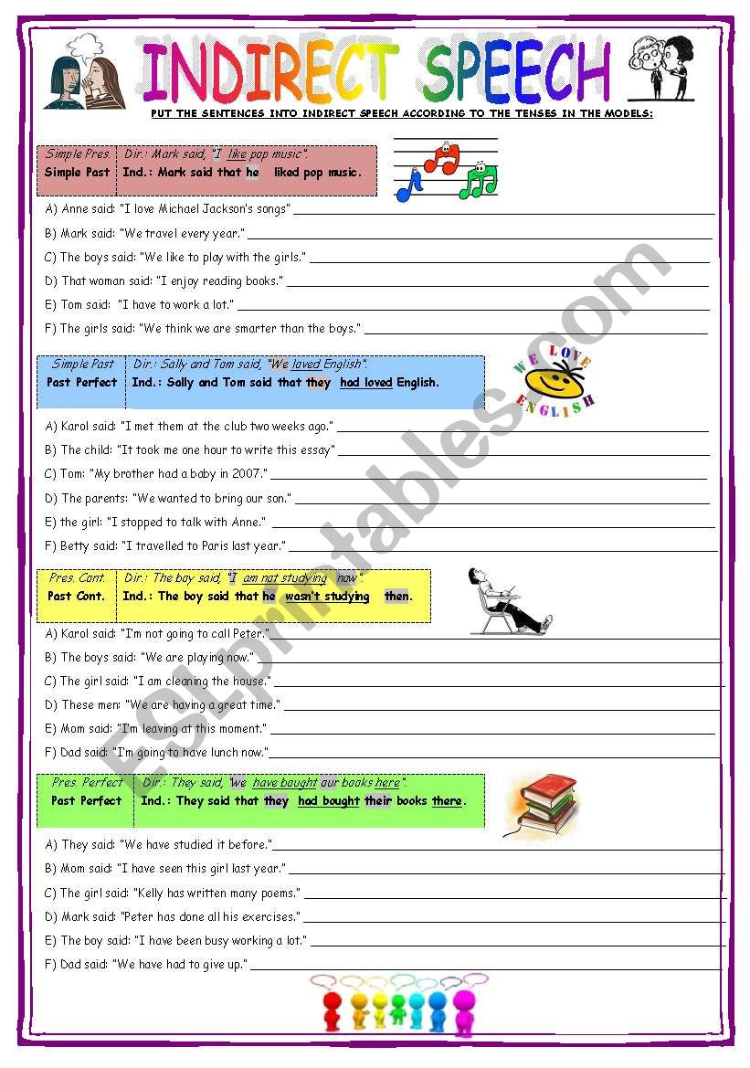 indirect speech exercises grade 8