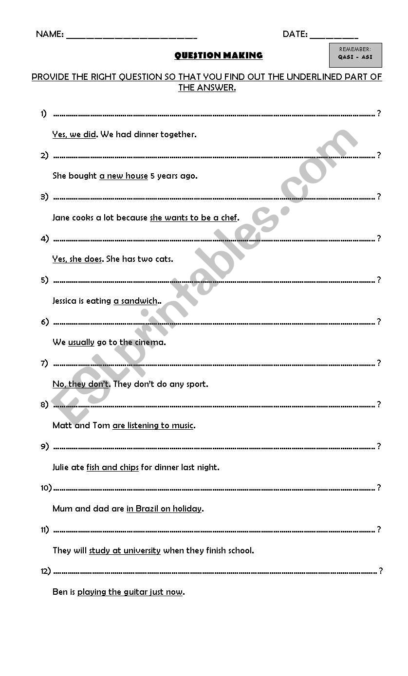 QUESTION MAKING PRACTICE worksheet