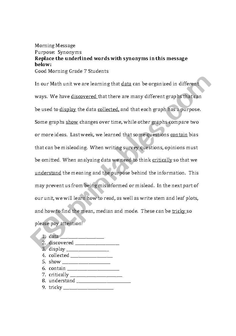 Morning Message Synonyms worksheet