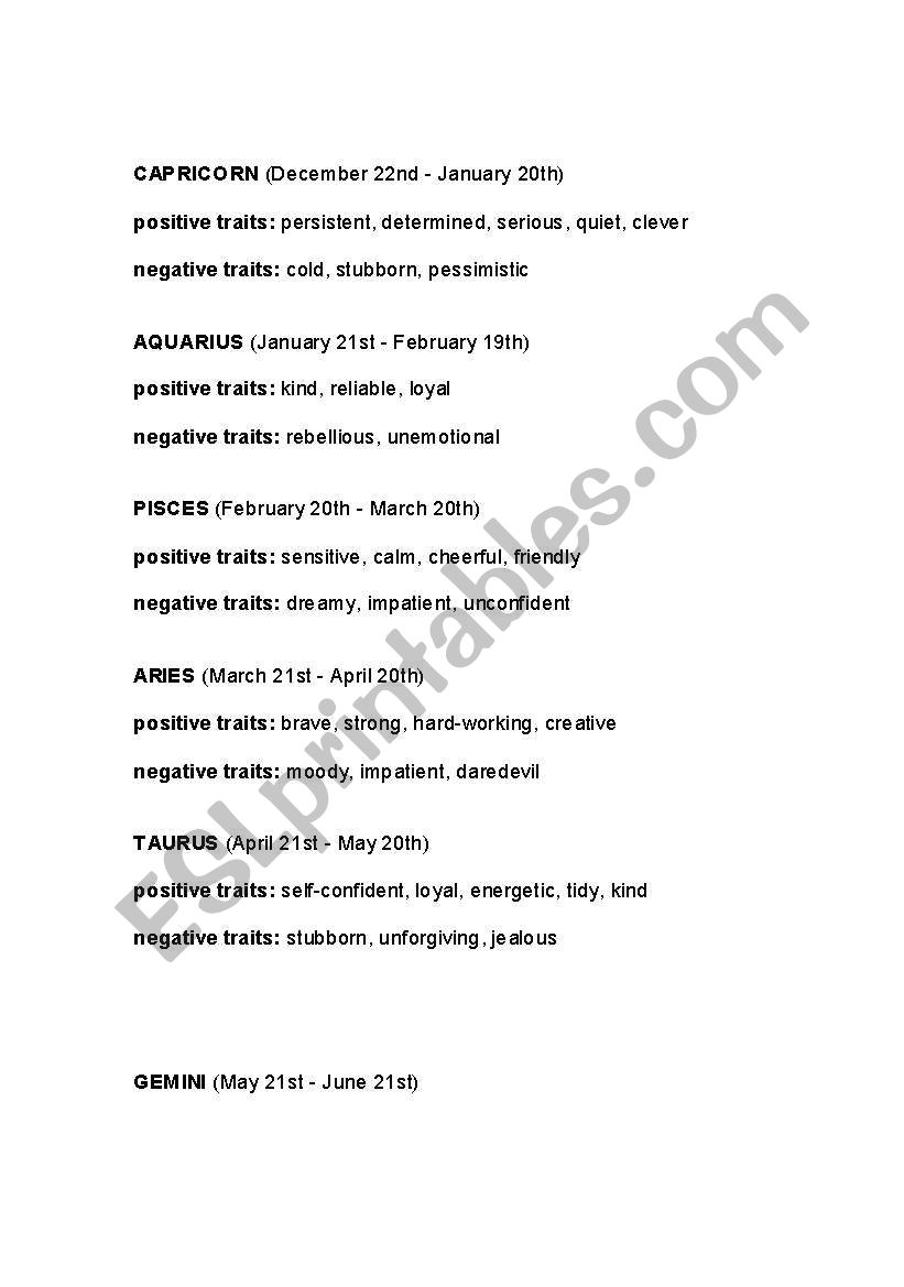 Zodiac signs worksheet