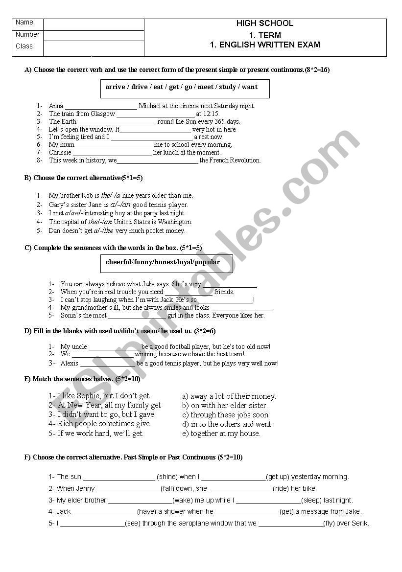 Exam worksheet