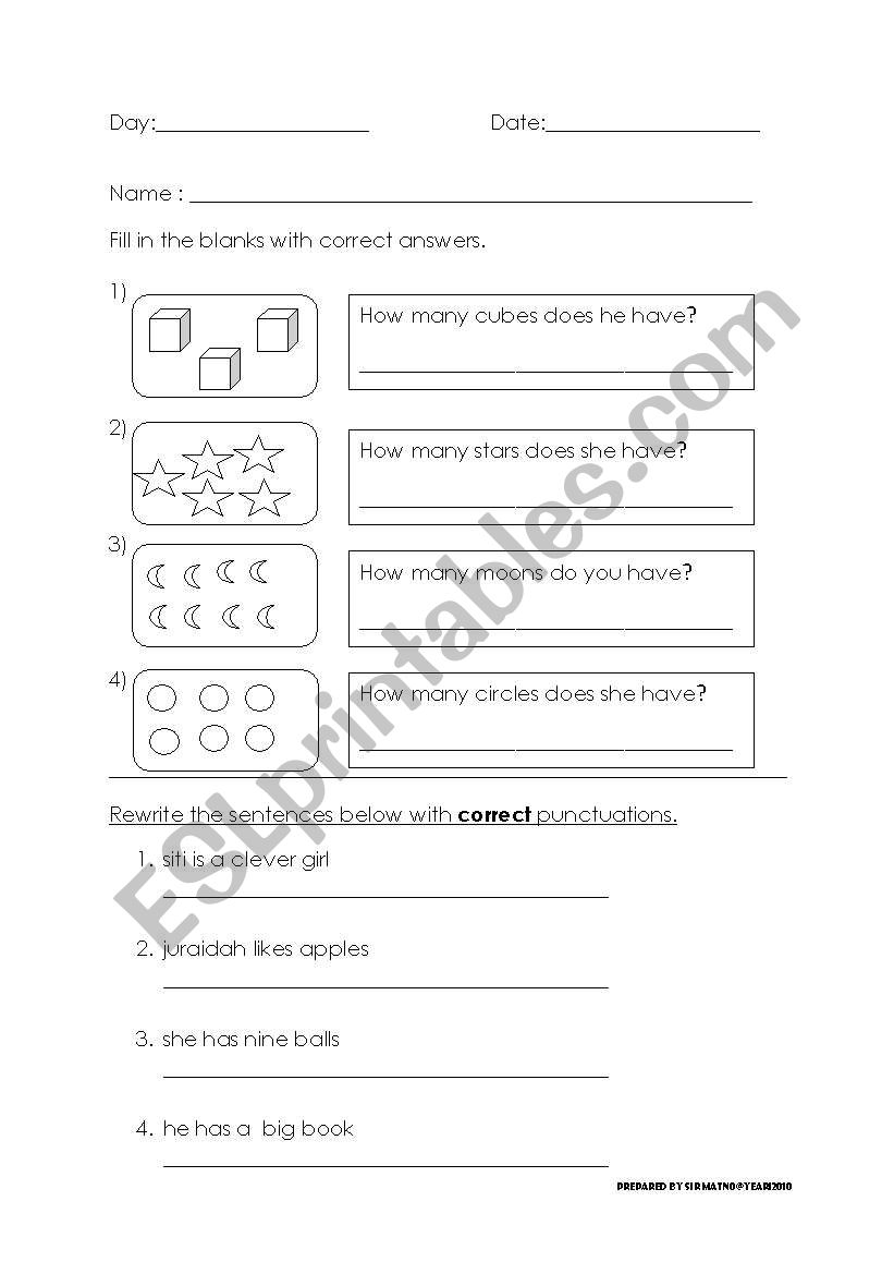 Numbers and punctuation activity sheet