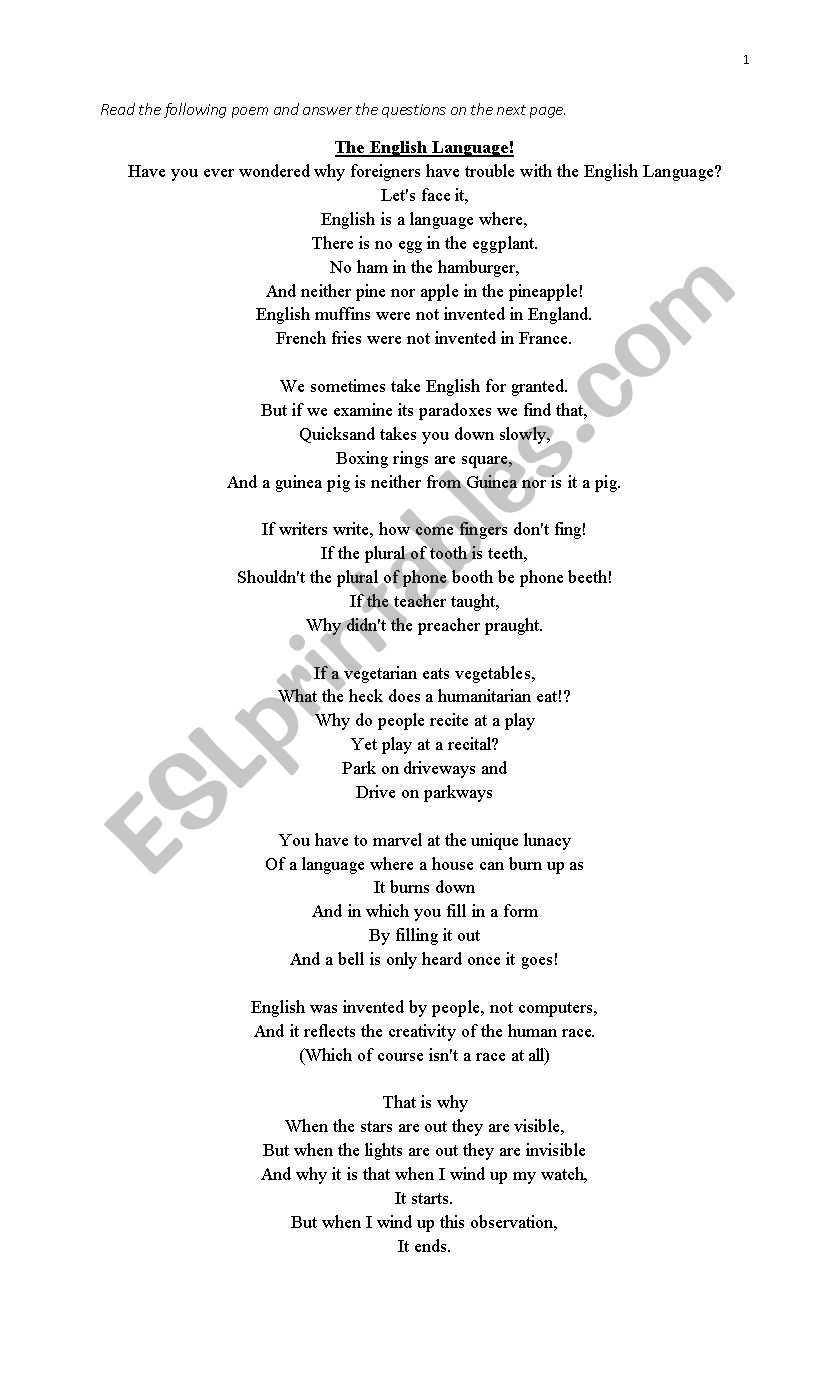 The English Language Poem worksheet