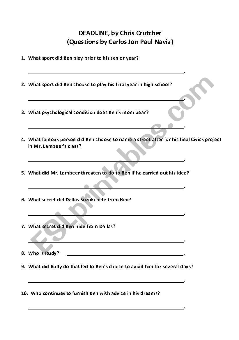 Quiz on DEADLINE, by Chris Crutcher