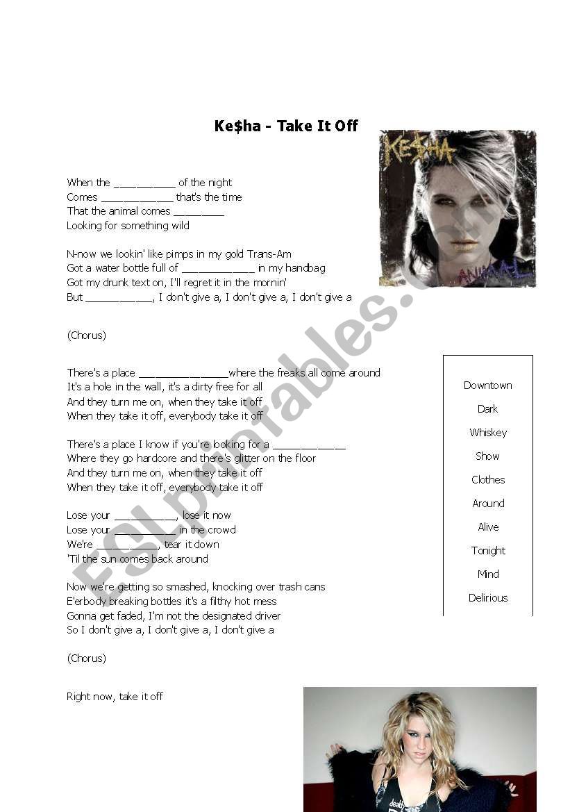 Ke$ha - Take it off worksheet