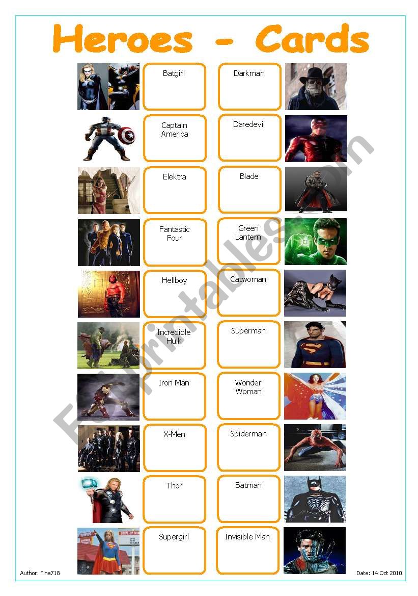 Heroes - Cards worksheet