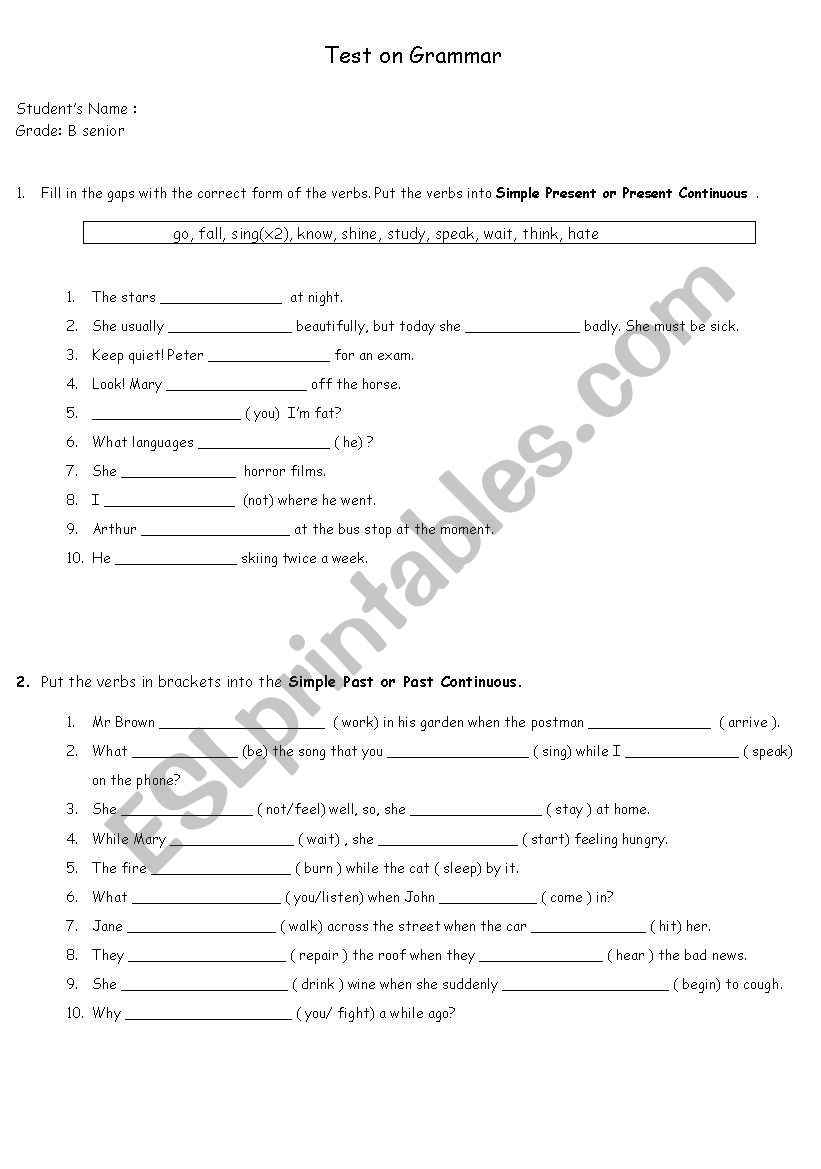 Test on grammar worksheet