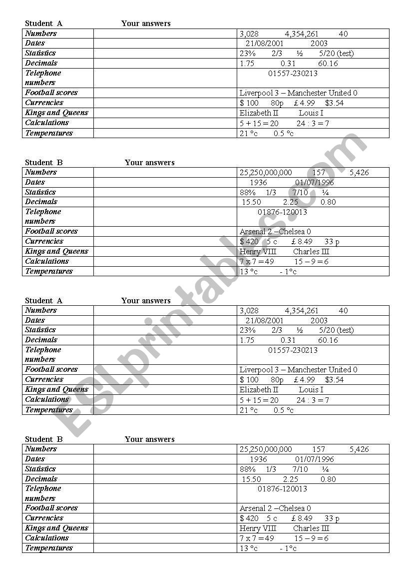 a pairwork on numbers worksheet